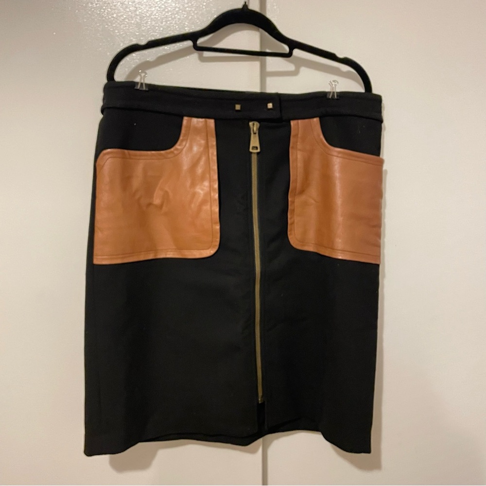 Tracy Reese 70s style Faux Leather Pocket Black and Brown Skirt Size 12